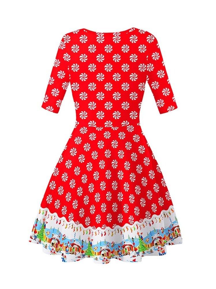 Frauen Weihnachten Rundhals Print Kurzarm Sommer Cartoon Kleid