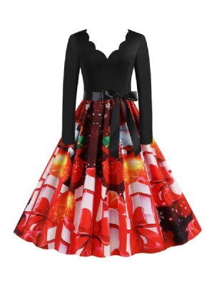 Frauen Weihnachtsdruck V-ausschnitt Langarm Cartoon Herbstkleid