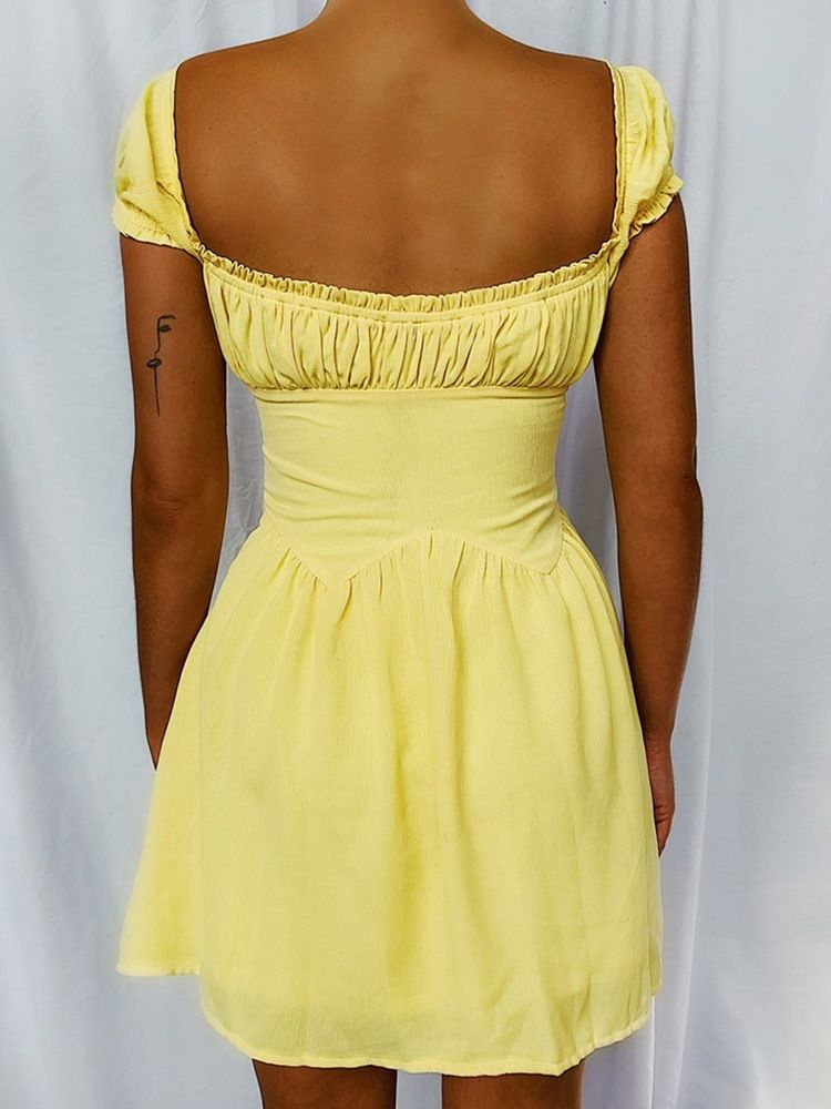 Quadratischer Hals Über Dem Knie Kurzarm Schlichtes Süßes Damenkleid