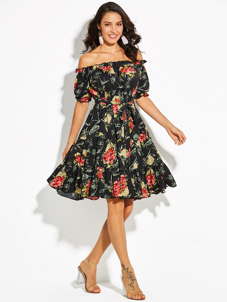 Schulterfreies Blumendruck Damen A-linien Kleid