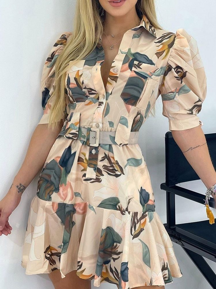 Über Dem Knie Bedrucktes Halbarm-pullover-blumen-damenkleid