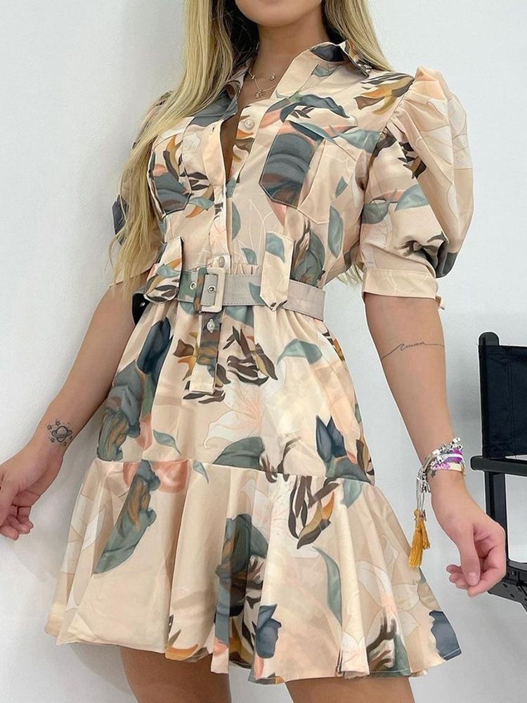 Über Dem Knie Bedrucktes Halbarm-pullover-blumen-damenkleid