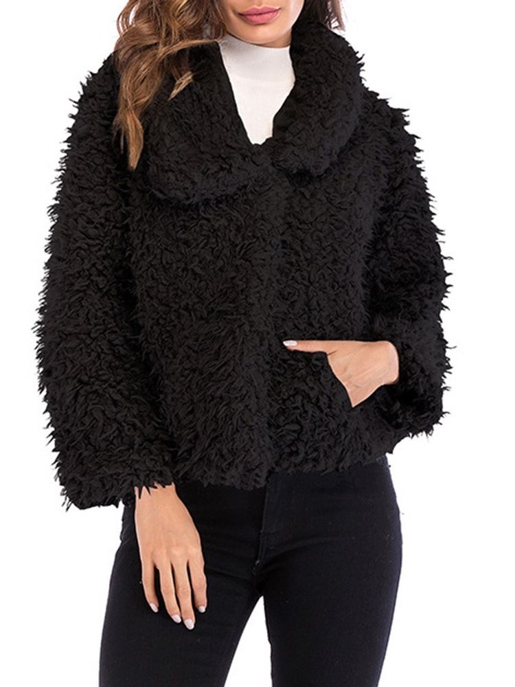 Damen Revers Lose Plain Langarm Teddymantel