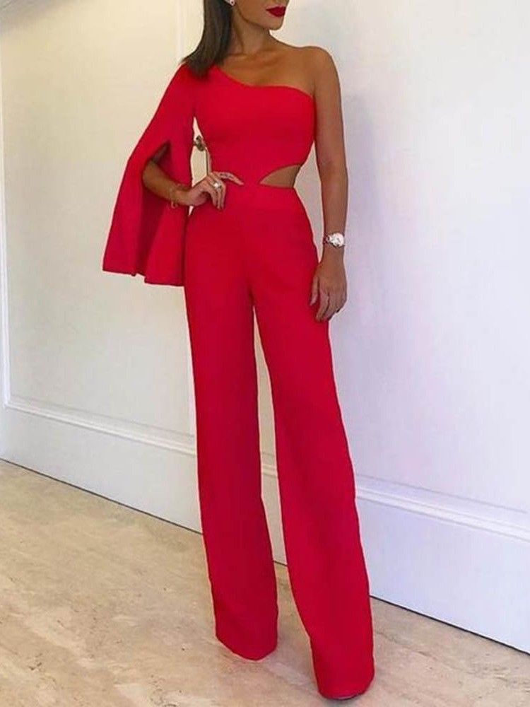 Einfarbiger Voller Länge Office Lady Slim Straight Damen Jumpsuit