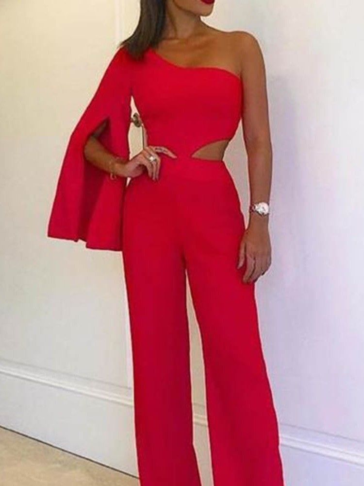 Einfarbiger Voller Länge Office Lady Slim Straight Damen Jumpsuit