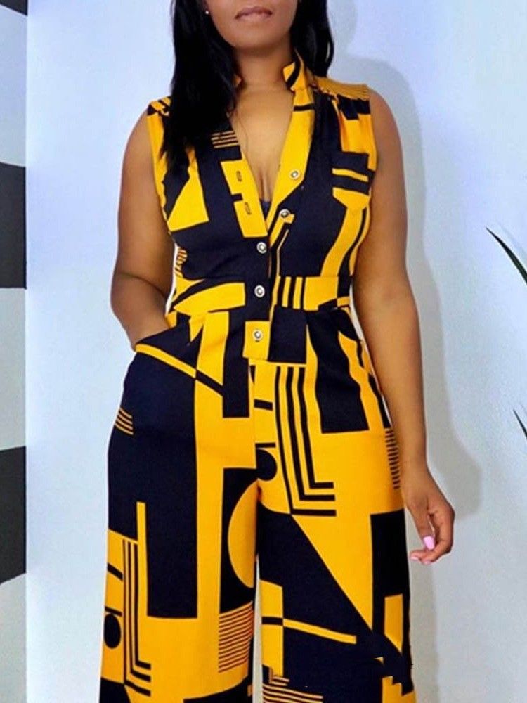 Geometrischer Druck In Voller Länge Mit Weitem Bein Lockerer Damen-overall