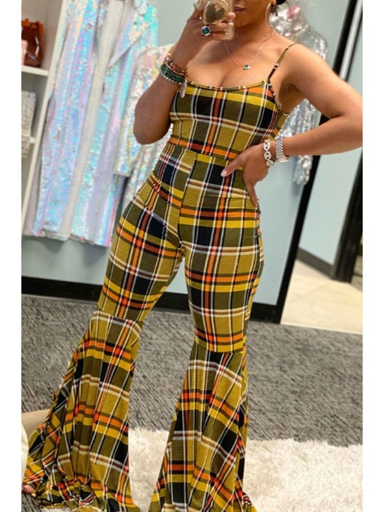 Western Patchwork Plaid High Waist Schlaghose Damen Overall