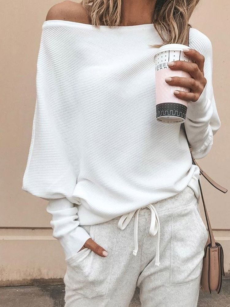 Damen Lose Lässige Schlichte Strickwaren Mit Schrägem Kragen