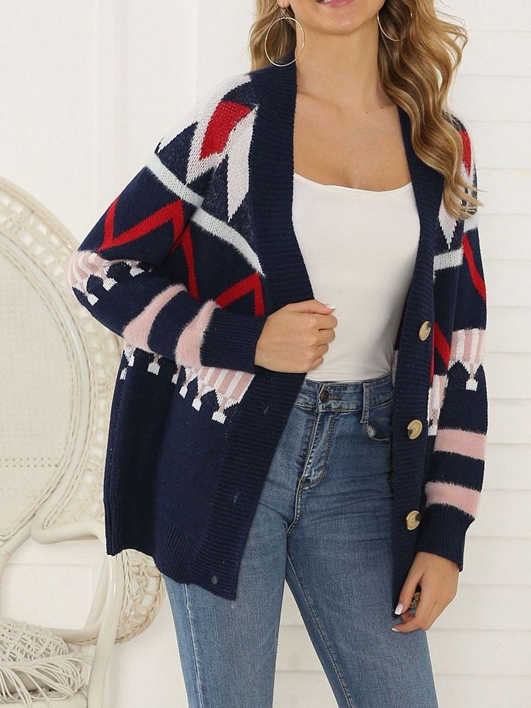 Damen Regular Patchwork Regular V-ausschnitt Loose Cardigan