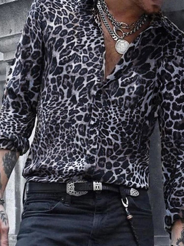 Lässiges Revers Leoparden Herren Slim Hemd