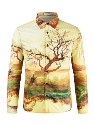 Revers Casual Print Slim Herren Frühlingshemd