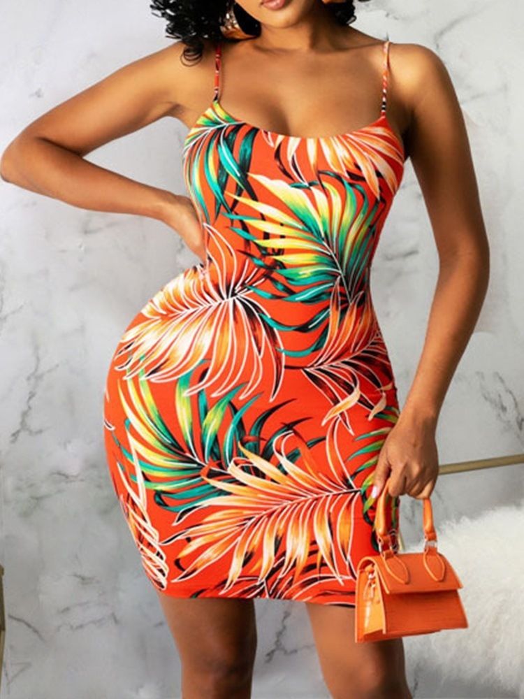 Damen Ärmelloses Print Über Dem Knie Pflanze Spaghetti-trägerkleid