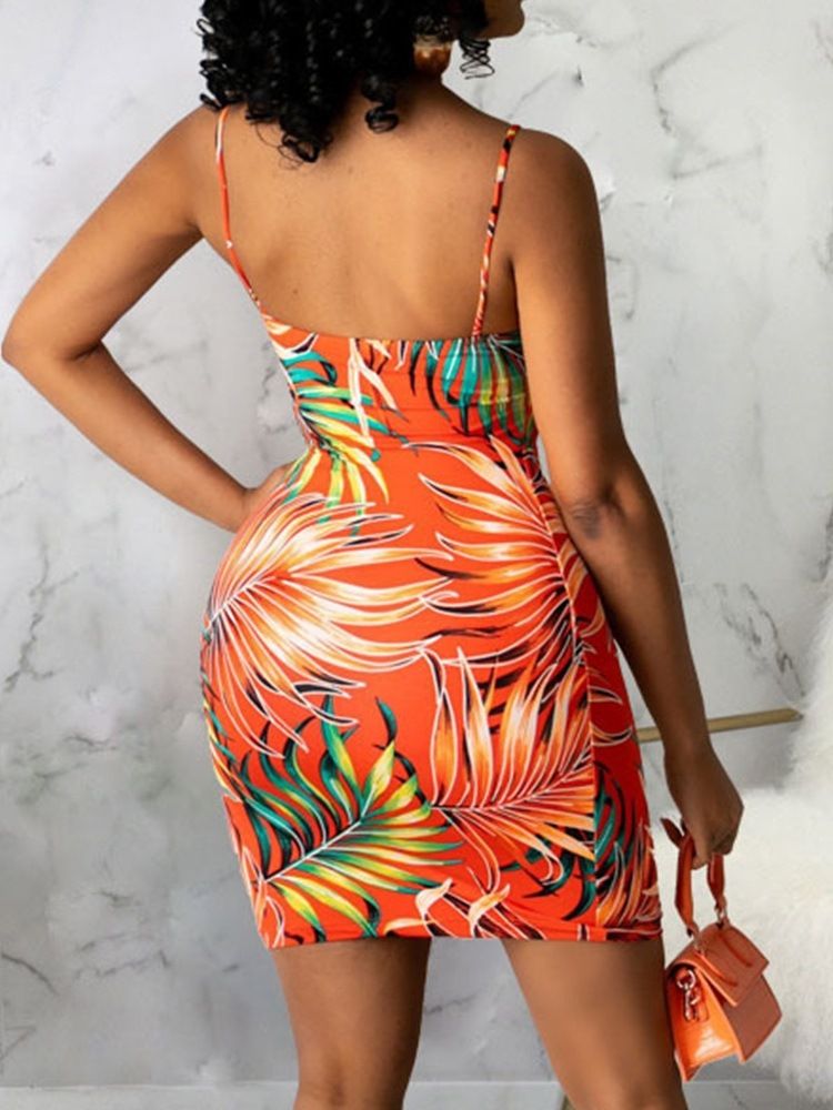 Damen Ärmelloses Print Über Dem Knie Pflanze Spaghetti-trägerkleid