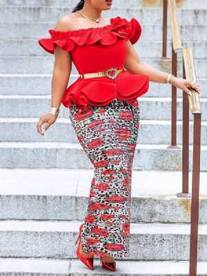 Damen Afrikanische Mode Schulterfrei Bodycon Rüschen Knöchellanges Kleid (ohne Bund)