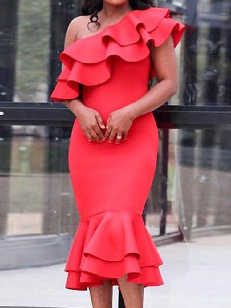 Damen Falbala Schrägkragen Flügelärmeln One-shoulder-kleid