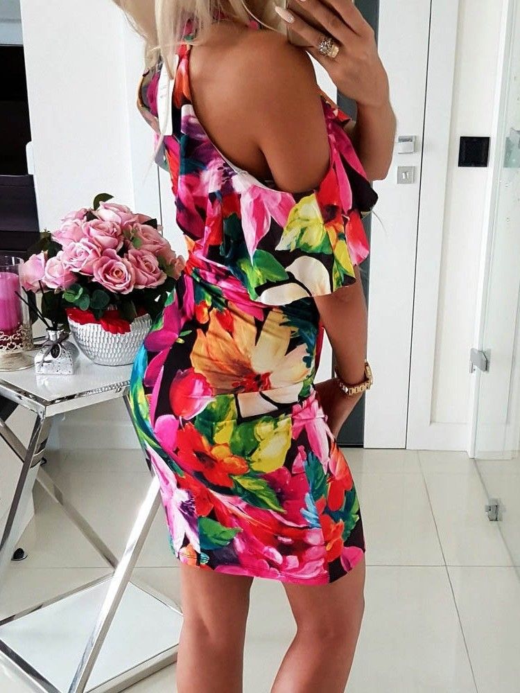Damen Figurbetontes Kleid Mit Blumendruck Und Kalter Schulter Über Dem Knie