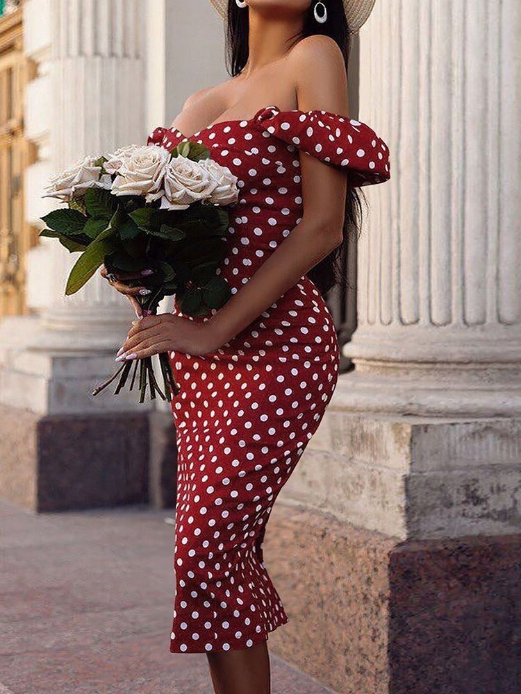 Damen Kurzarm Patchwork Wadenmitte Sexy Polka Dots Bodycon Kleider