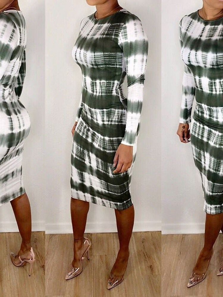 Damen Mid-waden Rundhalsausschnitt Langarm Herbstmode Kleid Fall