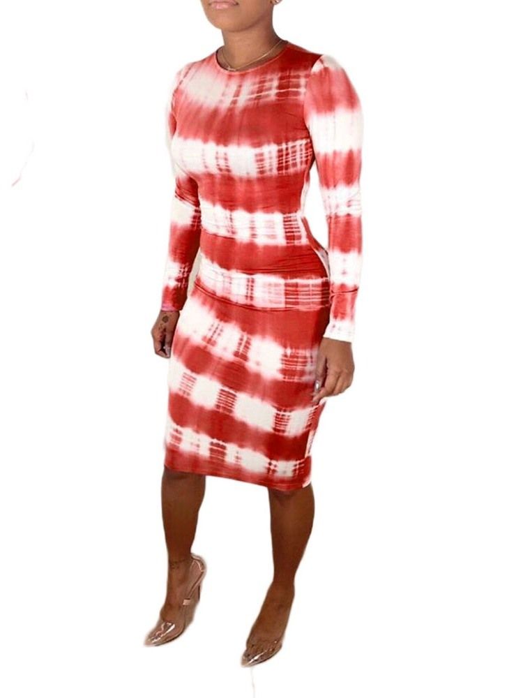 Damen Mid-waden Rundhalsausschnitt Langarm Herbstmode Kleid Fall