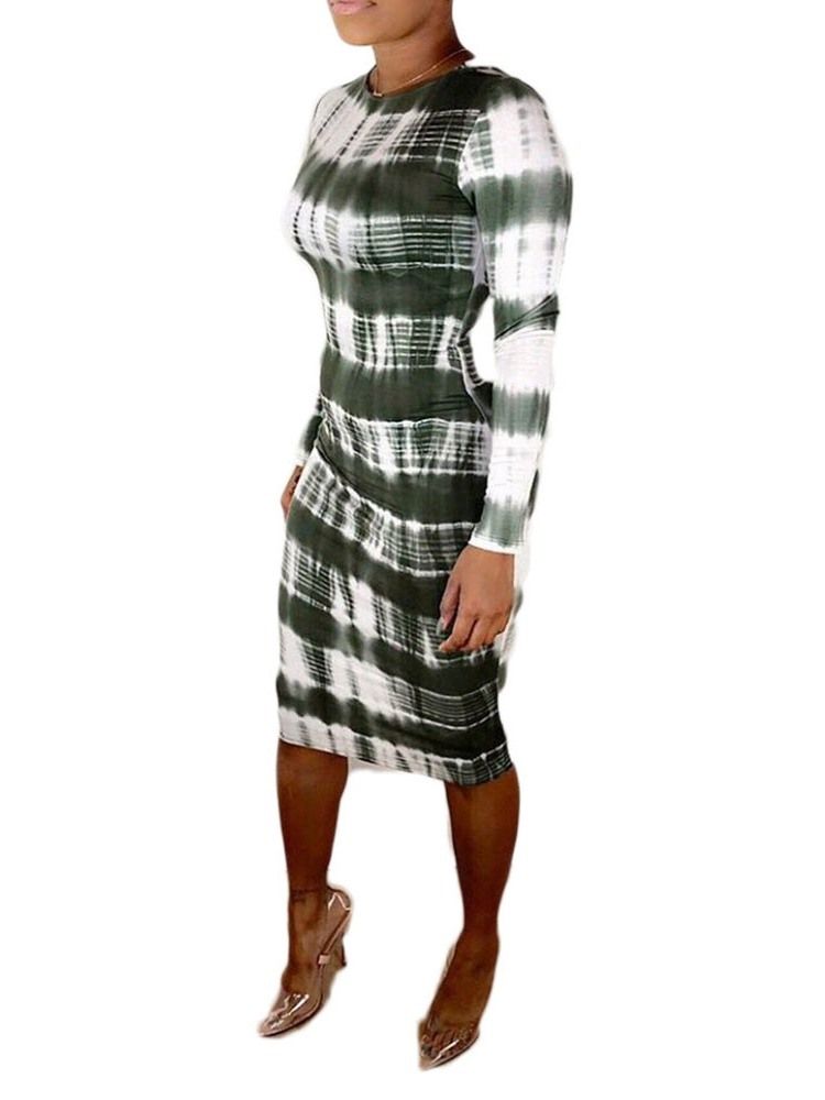 Damen Mid-waden Rundhalsausschnitt Langarm Herbstmode Kleid Fall