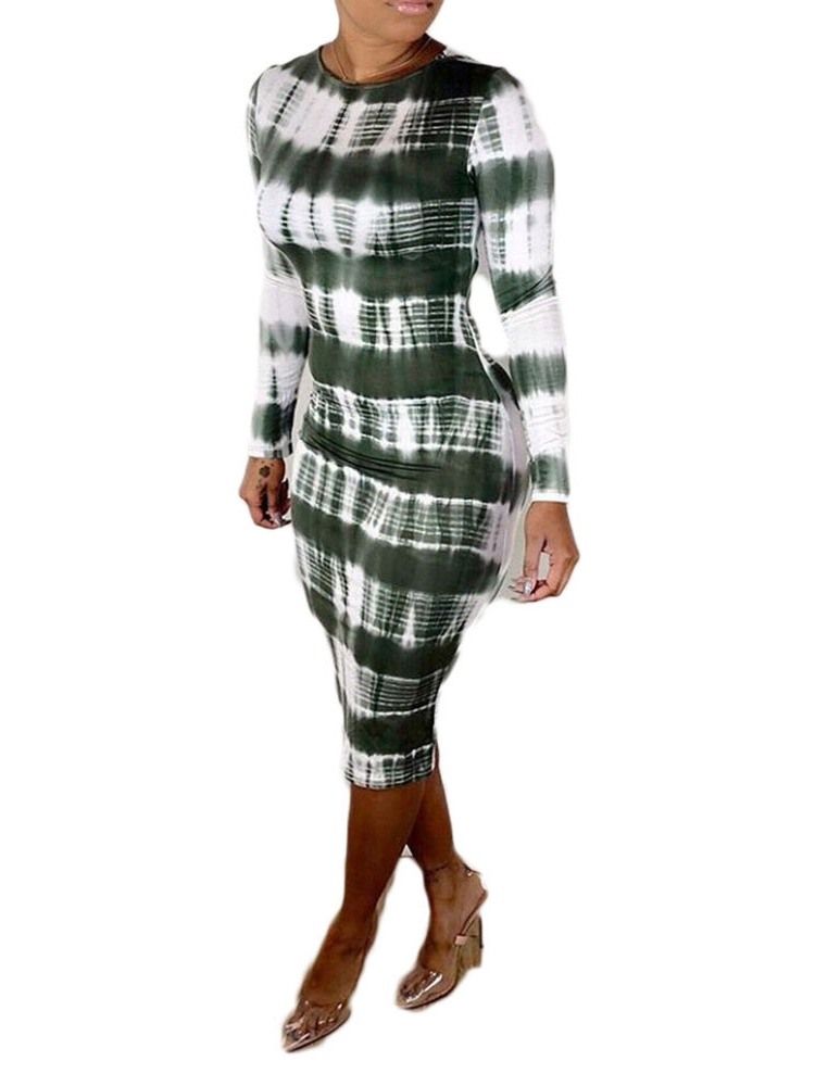 Damen Mid-waden Rundhalsausschnitt Langarm Herbstmode Kleid Fall