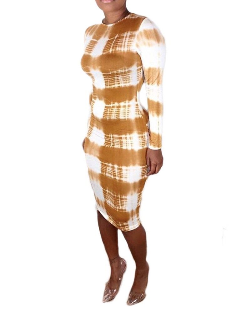 Damen Mid-waden Rundhalsausschnitt Langarm Herbstmode Kleid Fall