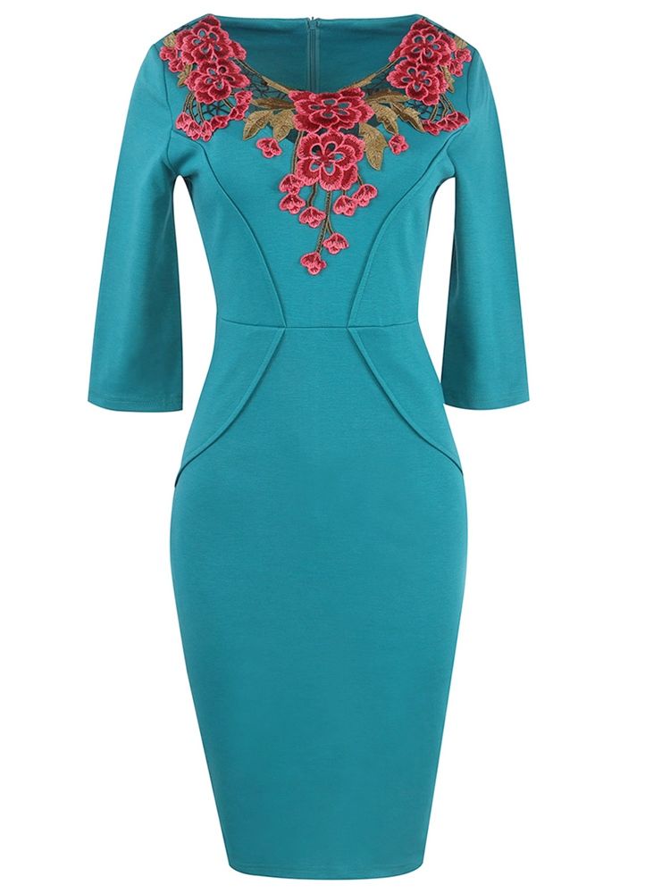 Damen-oberteil Blumenstickerei Einfarbig 3 4 Ärmel Figurbetontes Kleid
