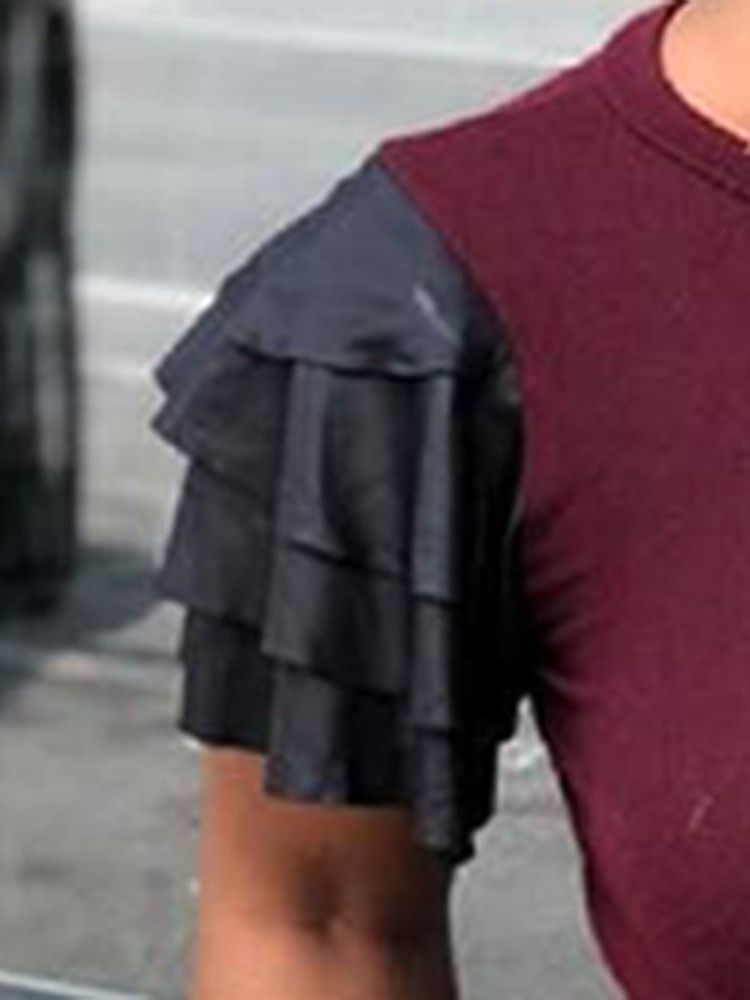 Damen Oberteil Kurzarm Falbala Figurbetontes Farbblockkleid