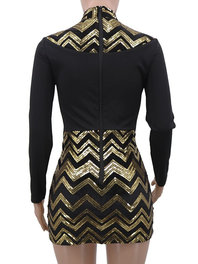 Damen Pailletten Langarm Stehkragen Regular High Waist Kleid