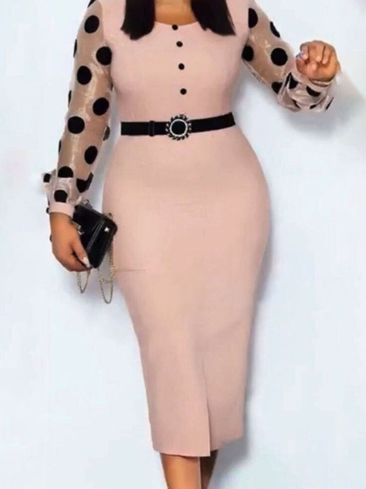 Damen Patchwork Langarm Square Neck Pullover Polka Dots Bodycon Kleid