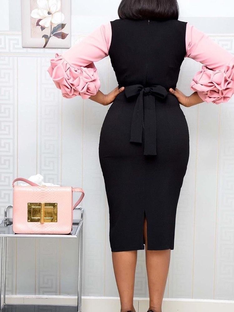 Damen Plissee Rundhalsausschnitt Neun Punkte Ärmel Party Cocktail High Waist Kleid