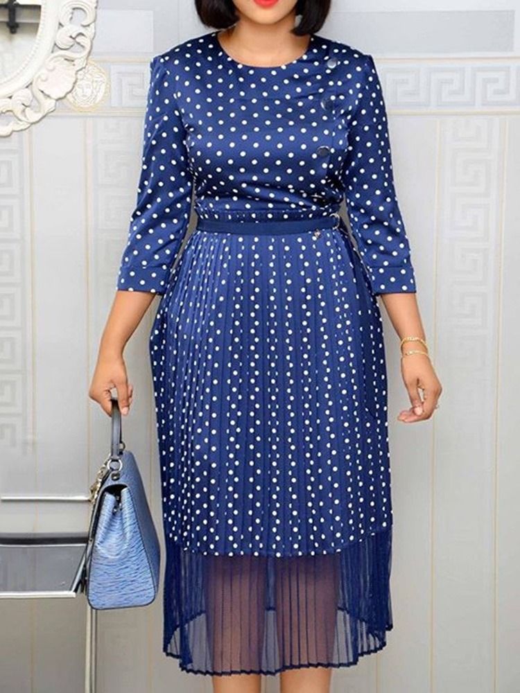 Damen-print-ärmel-rundhals-kleid Mit Hohem Bund Und Tupfen