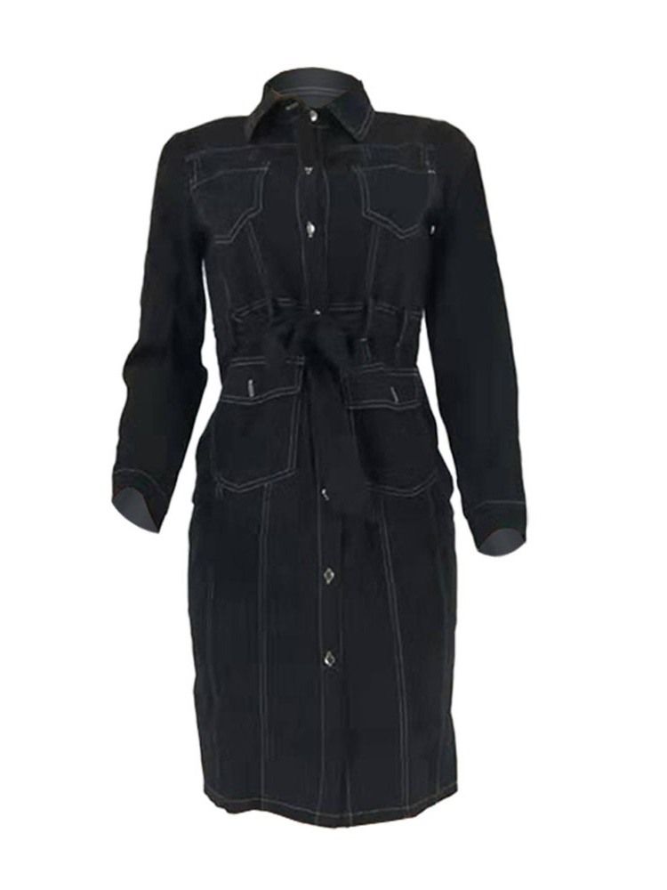 Damen Revers Langarm Tasche Schlichtes Modekleid