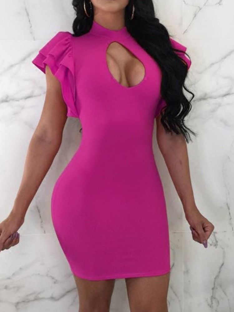 Damen Stehkragen Über Dem Knie Kurze Ärmel Schlichtes Figurbetontes Kleid