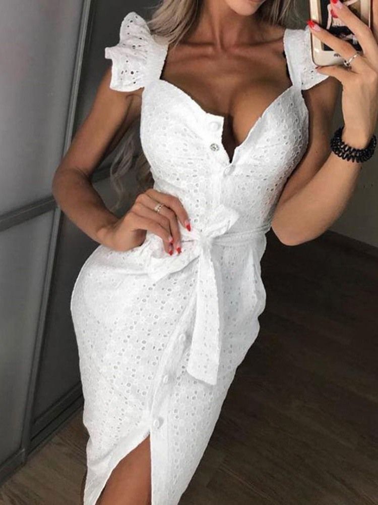 Damen Stringy Selvedge Flügelärmeln Wadenhohe Figurbetontes Kleid Zum Ausgehen