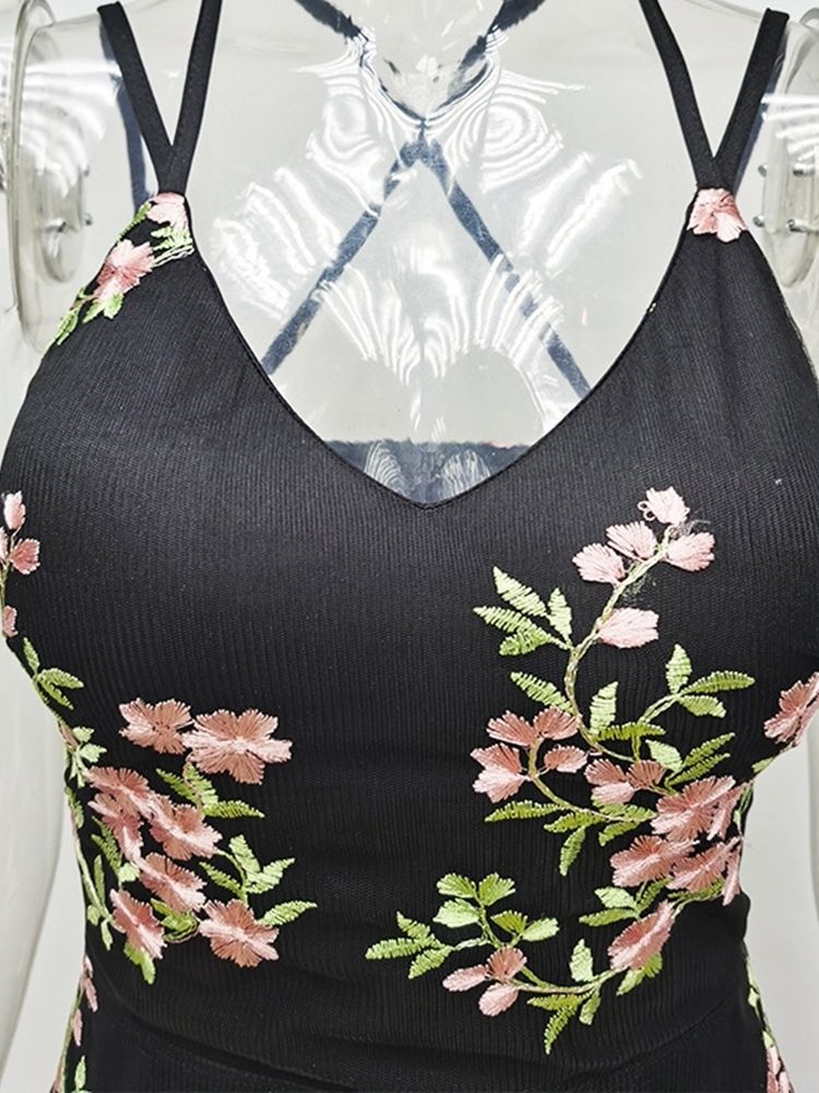 Damendurchsichtiges Kleid Mit V-ausschnitt Bis Zur Mitte Der Wade Mit Blumenmuster Und Mittlerer Taille