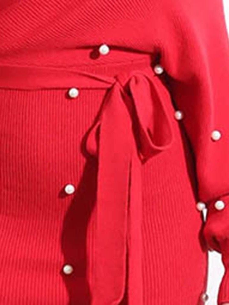 Damenperlen Langarm V-ausschnitt Date Night Ausgehen Schlichtes Kleid