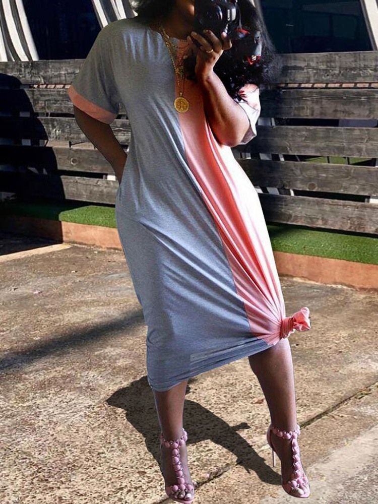 Frauen-farbblock-kleid Mit Geradem Kurzarm-rundhalsausschnitt