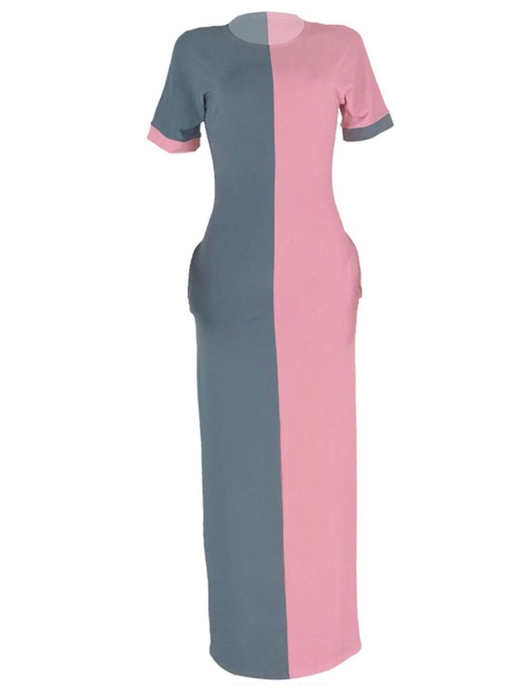 Frauen-farbblock-kleid Mit Geradem Kurzarm-rundhalsausschnitt