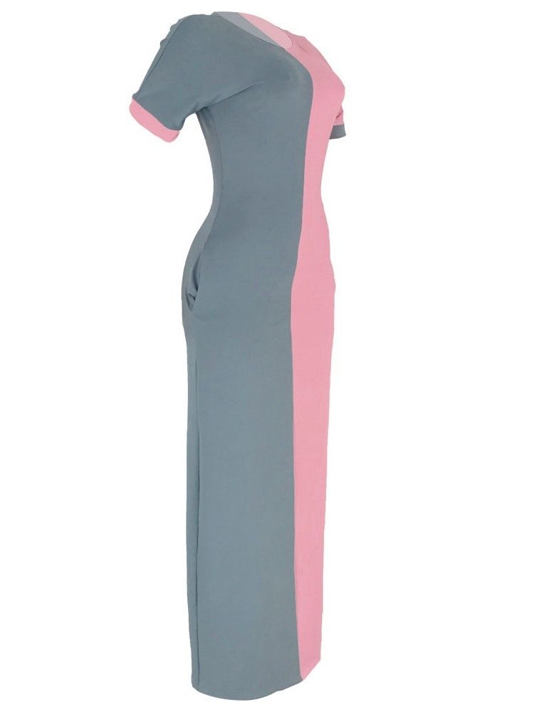 Frauen-farbblock-kleid Mit Geradem Kurzarm-rundhalsausschnitt