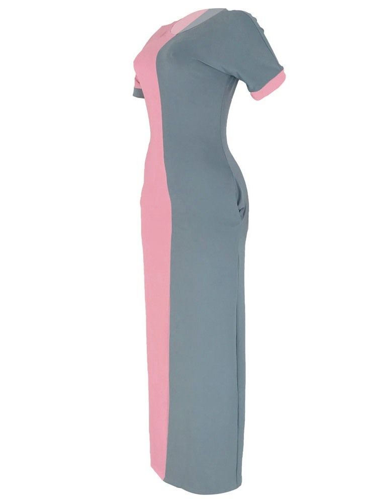 Frauen-farbblock-kleid Mit Geradem Kurzarm-rundhalsausschnitt