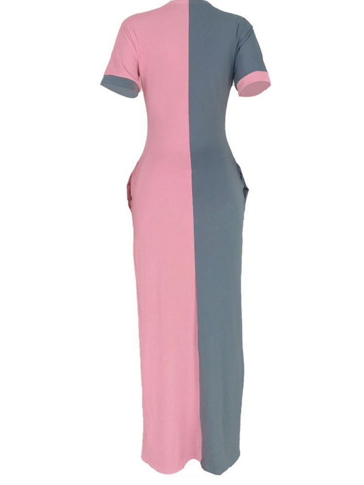 Frauen-farbblock-kleid Mit Geradem Kurzarm-rundhalsausschnitt