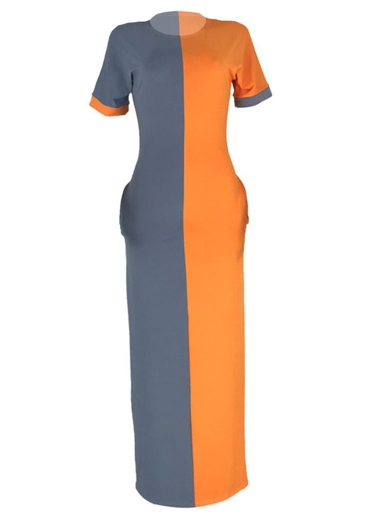 Frauen-farbblock-kleid Mit Geradem Kurzarm-rundhalsausschnitt
