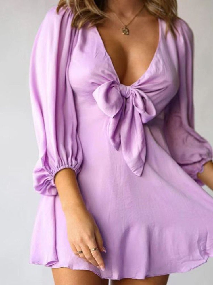 Frauen Über Dem Knie Dreiviertelärmeliges Schlichtes A-linien-kleid Mit Schleife