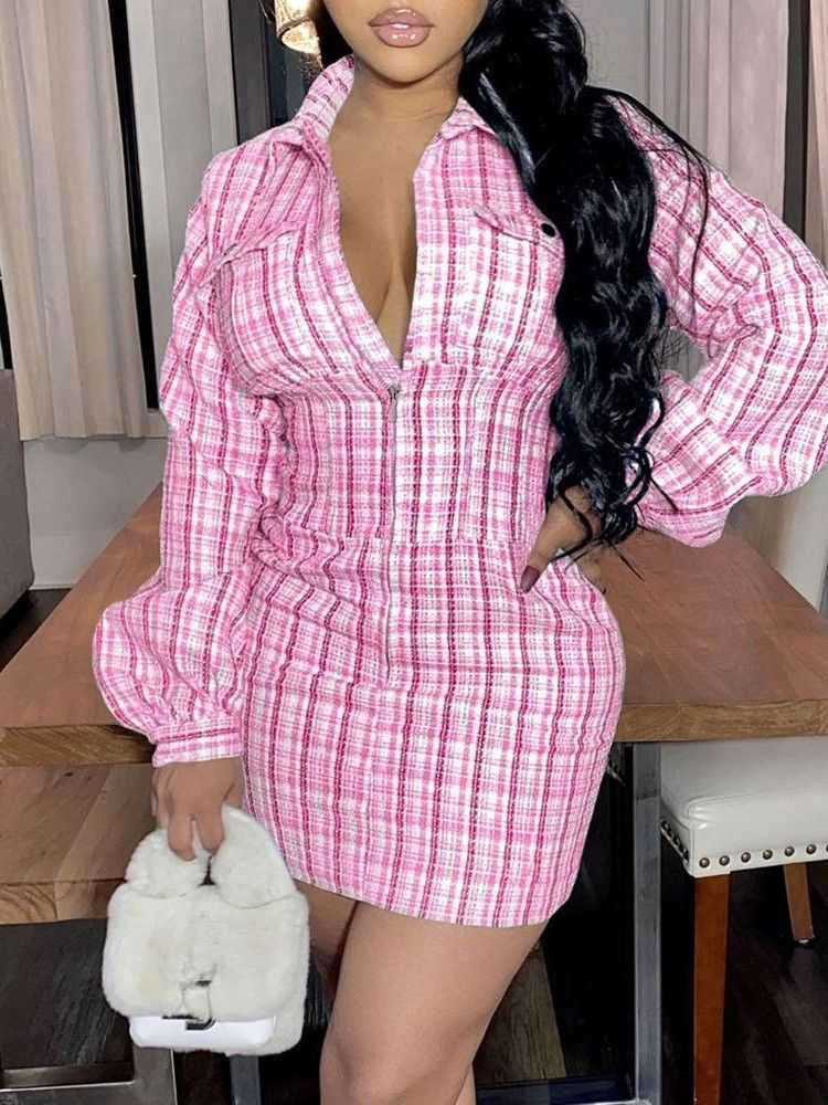 Frauen Über Dem Knie Revers Print Herbst Sexy Kleid