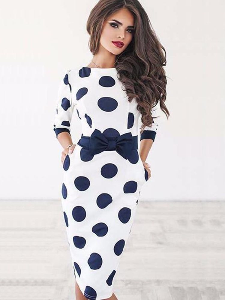 Knielanges Figurbetontes Kleid Mit Schleife Und Tupfen Für Damen